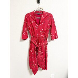 J. Peterman Floral Belted Shirt Dress Mandarin Collar 3/4 Sleeve Red Size 6